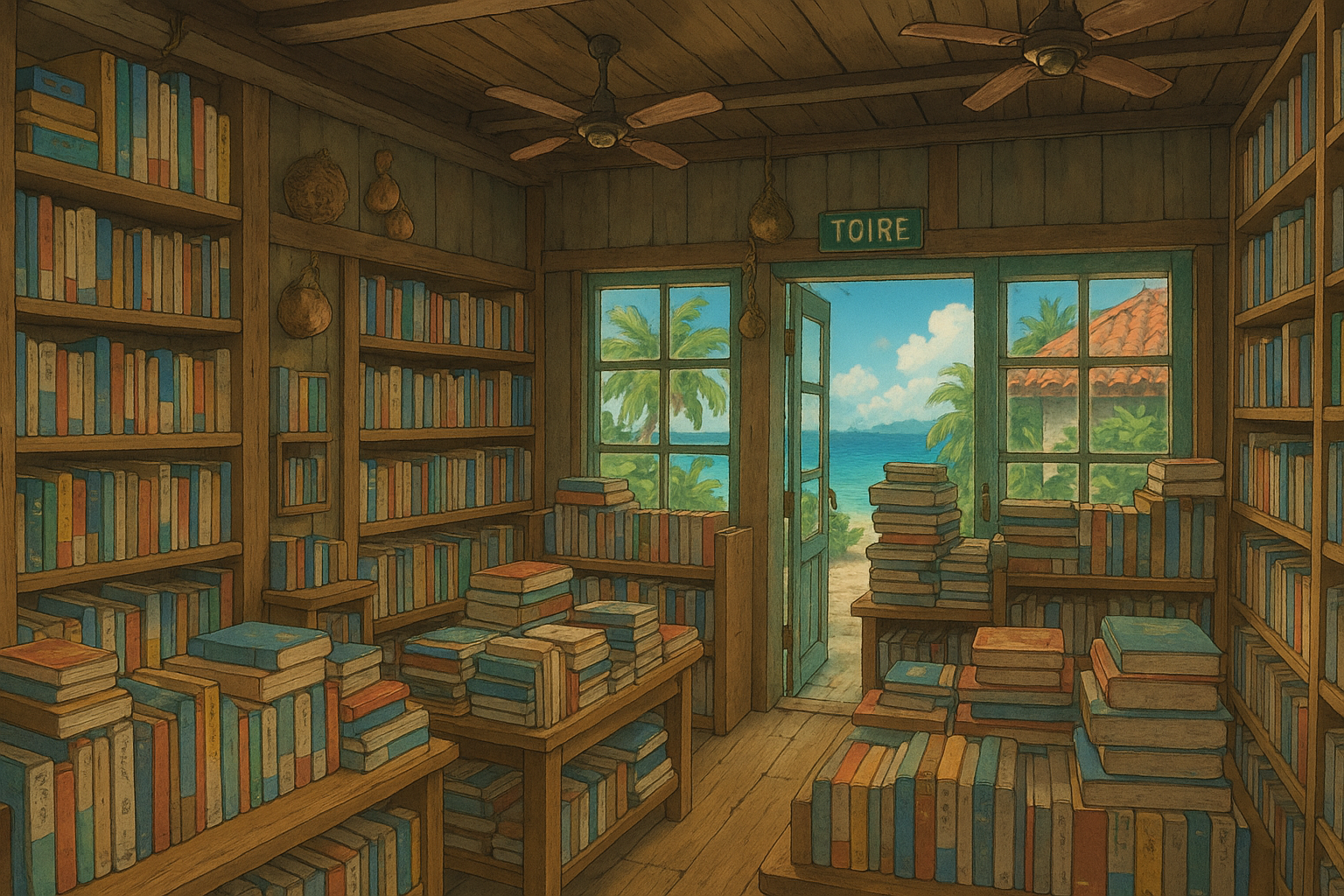 店内の様子 - 木の温もりを感じる本棚と読書スペース